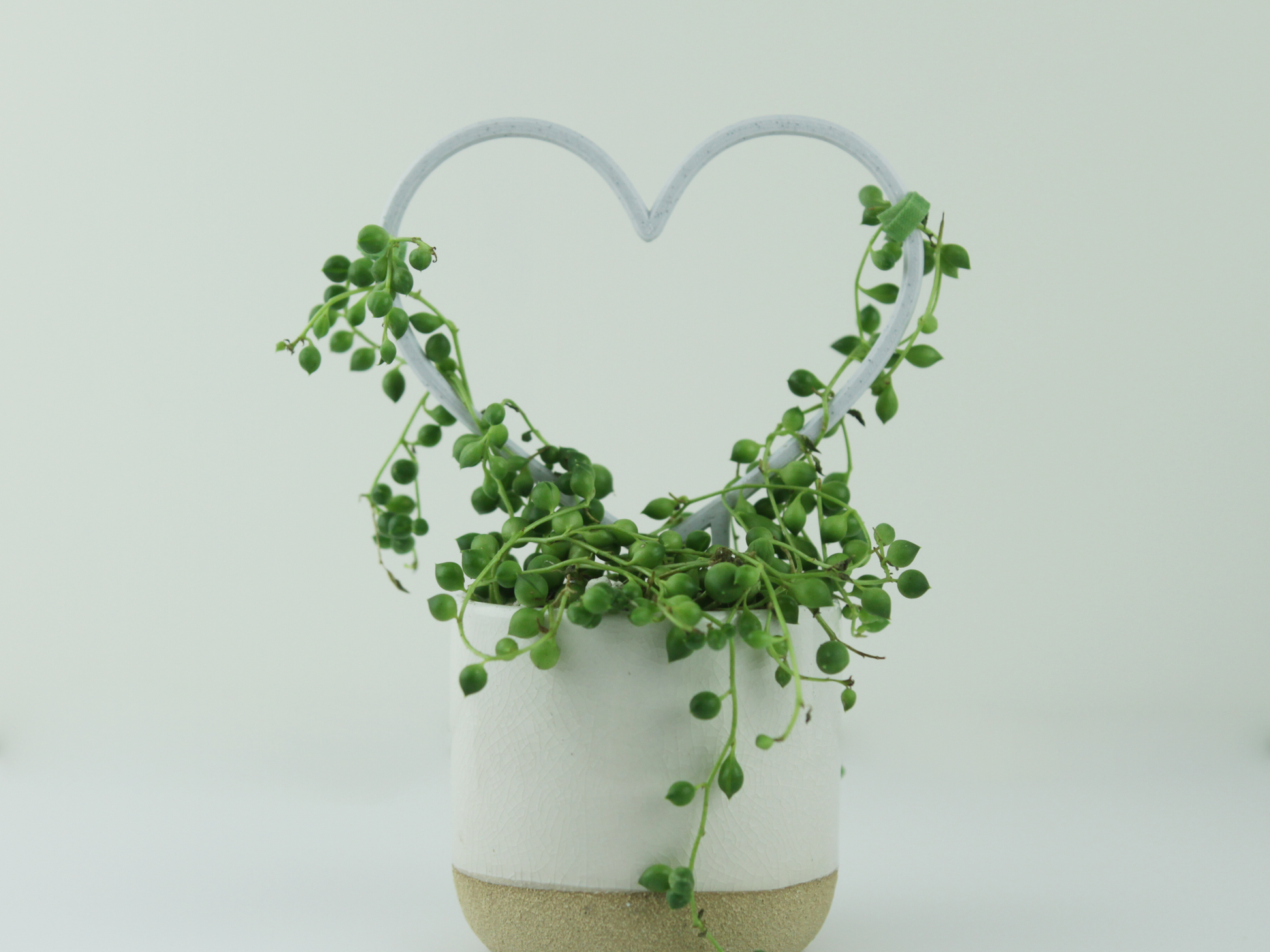 A marble color small heart shaped trellis with string of pearls draped on it.