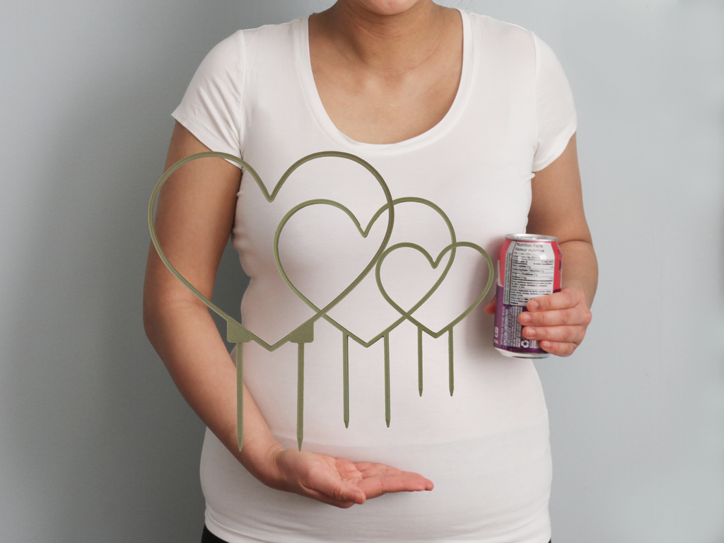 Three heart shaped trellises in large, medium and small sizes in front of a torso for size reference.