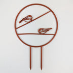 Chickadee trellis in copper, a circle with two chickadees on horizontal branches