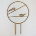Chickadee trellis in wood, a circle with two chickadees on horizontal branches and two stake legs