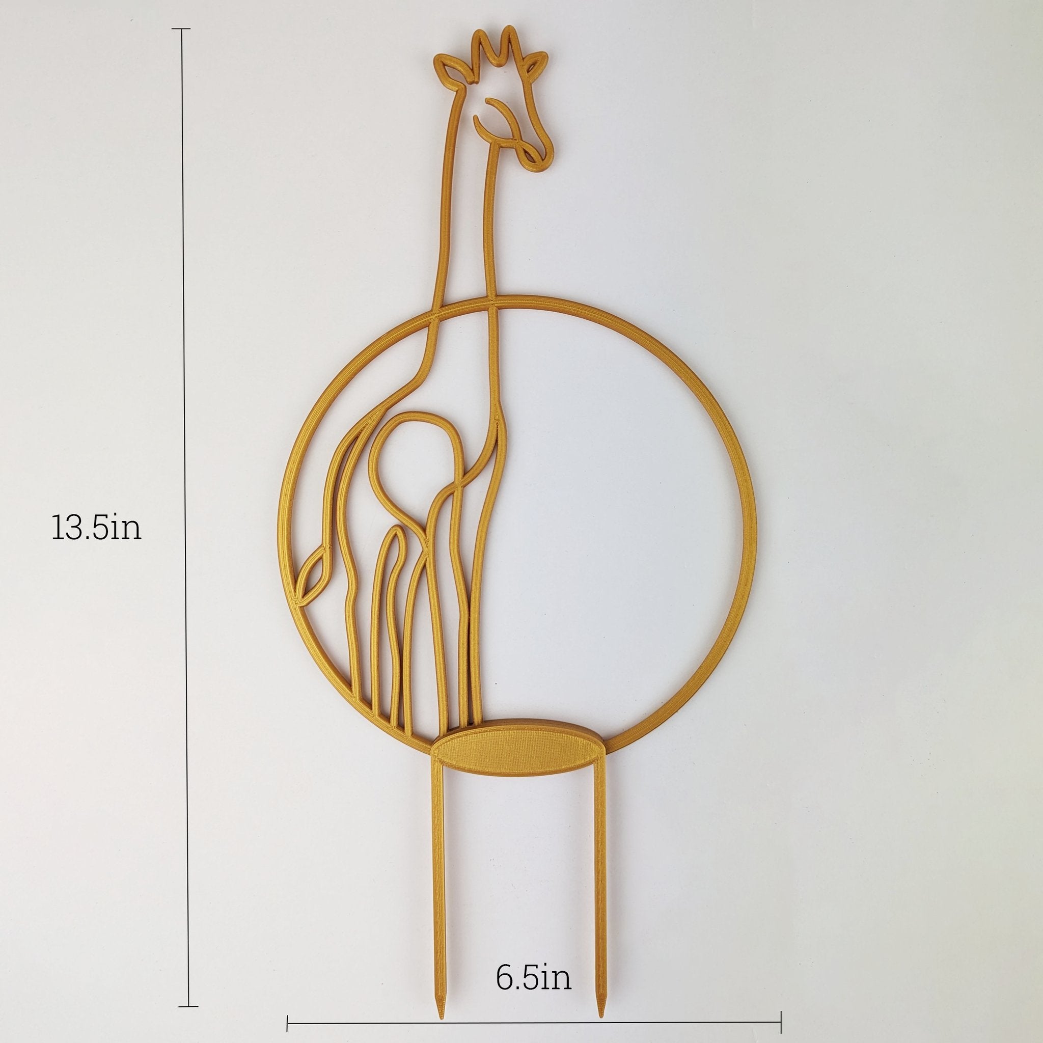 Gold giraffe circle trellis with dimensions, 13.5 inches tall and 6.5 inches wide