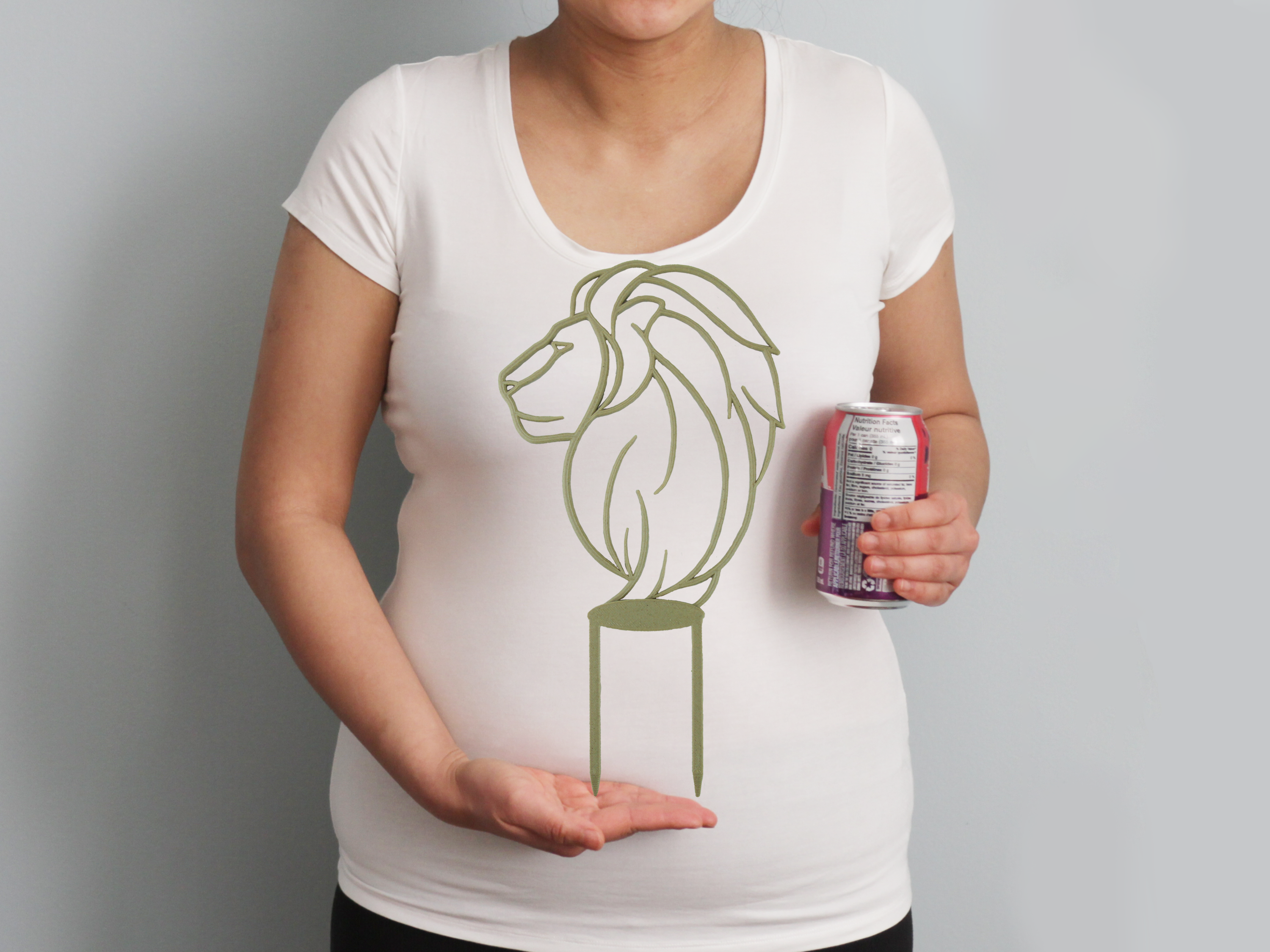 Lion trellis in front of a torso and standard pop can for size reference