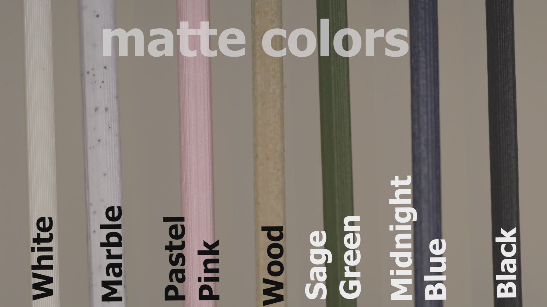 A video showing all the matt color offerings. Each colour stick is slowly spinning.