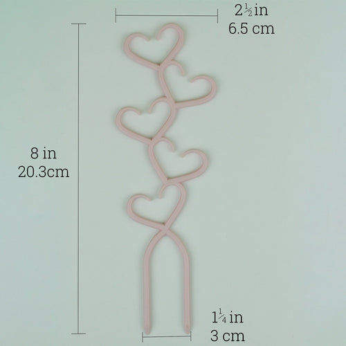 Pastel pink stacked hearts trellis with dimensions, 8 by 2.5 inches