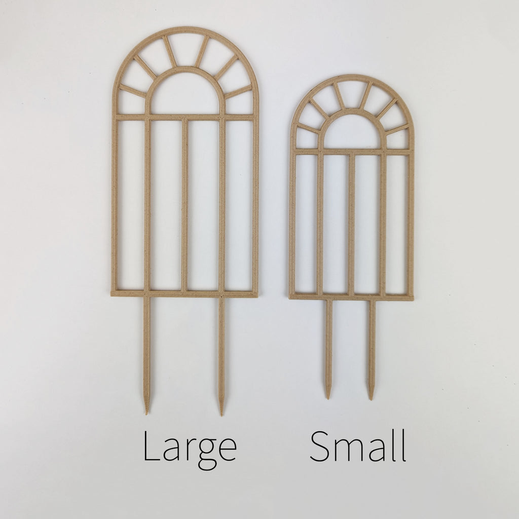 Large and small arch window trellises side by side to show the size difference